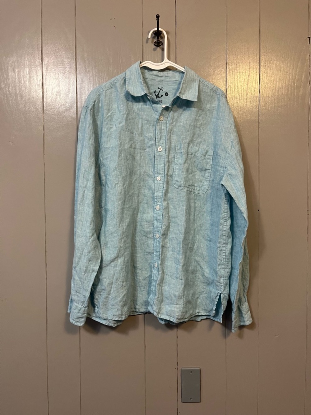 HIHO Men's L Light Blue Linen Woven Button-Up Shirt Lightweight Casual Beach